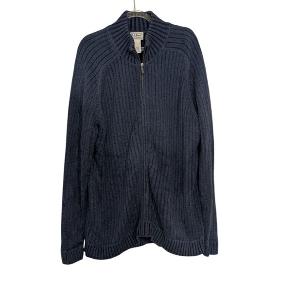 LL Bean Ribbed Sweater Mens Size Large Blue Cotton Knit Full Zip Mock Neck - Picture 1 of 8